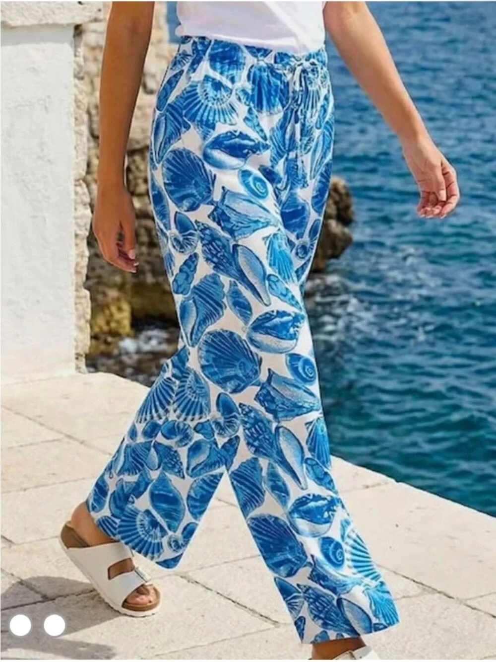 KATHERINE BARCLAY Blue Shell-Print Linen Blend Relaxed Fit Pants—Multi Sizes NWT
